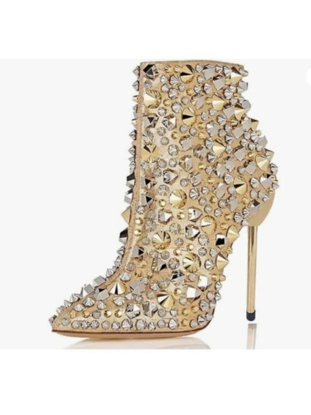FSJ Women High Heel Ankle Boots with Rivets Closed Pointed Toe Stilettos Gold